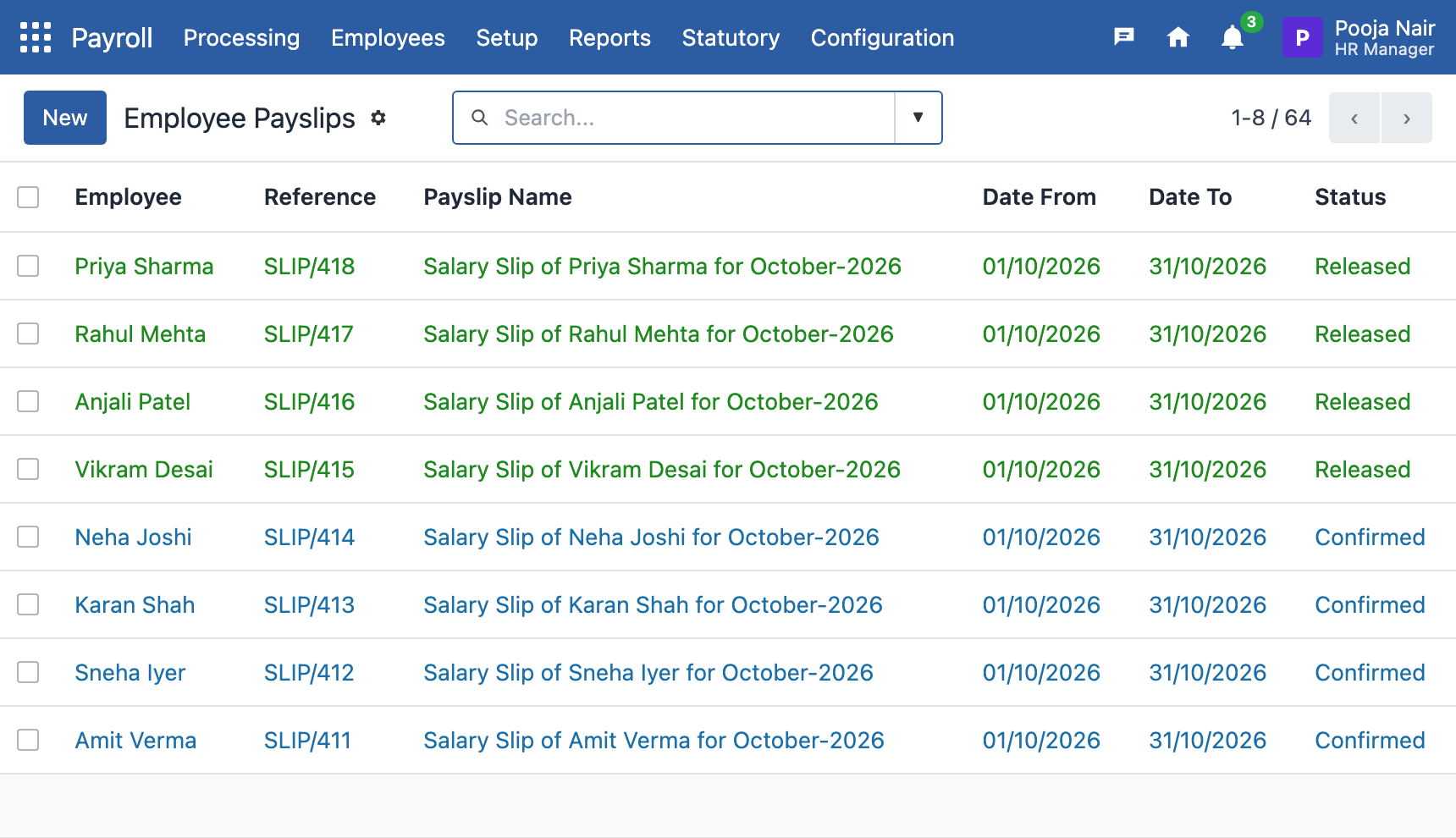 Effezient Payroll screen listing employee payslips for October 2026 with Released and Confirmed status