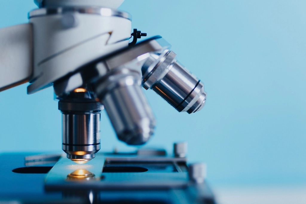 Close-up of a laboratory microscope