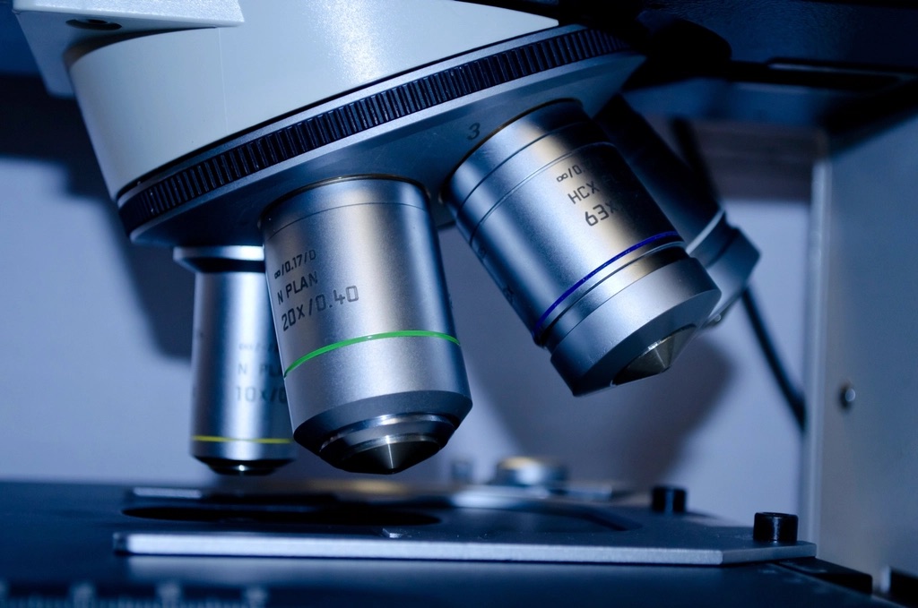 Close-up of microscope objective lenses